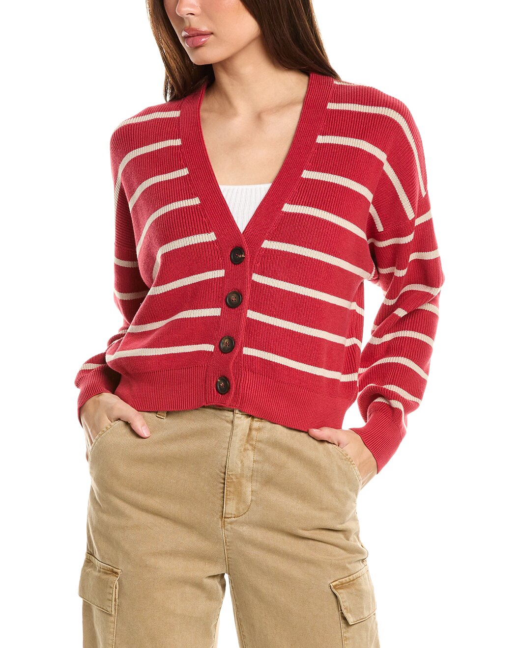 BRUNELLO CUCINELLI WOMEN'S RED STRIPED BUTTON CARDIGAN SWEATER