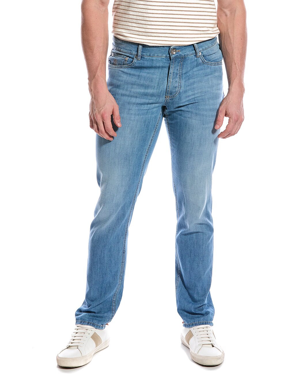 BRUNELLO CUCINELLI MEN'S LIGHT BLUE COTTON SLIM TROUSERS