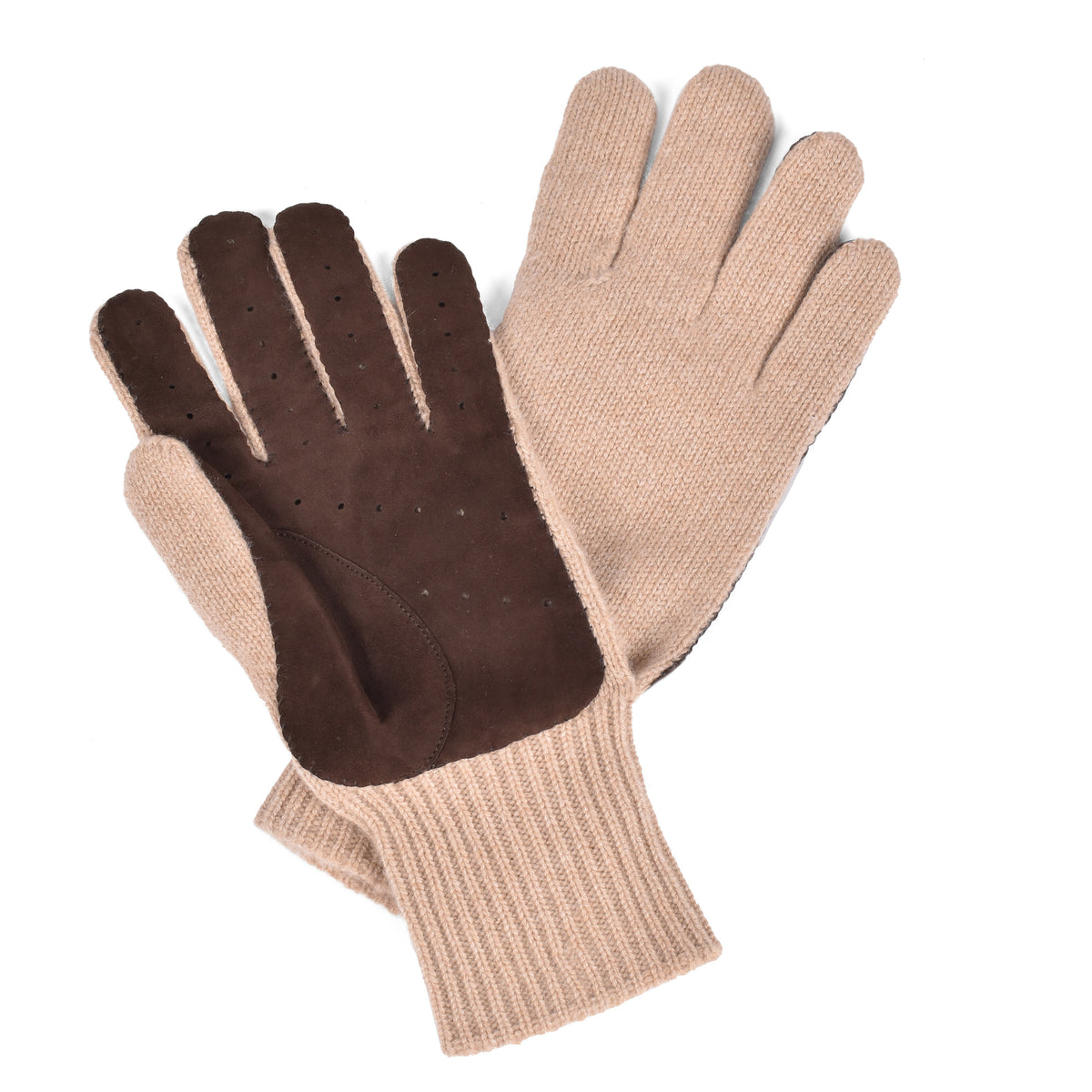 BRUNELLO CUCINELLI MEN'S BEIGE CASHMERE KNIT SUEDE LINED GLOVES
