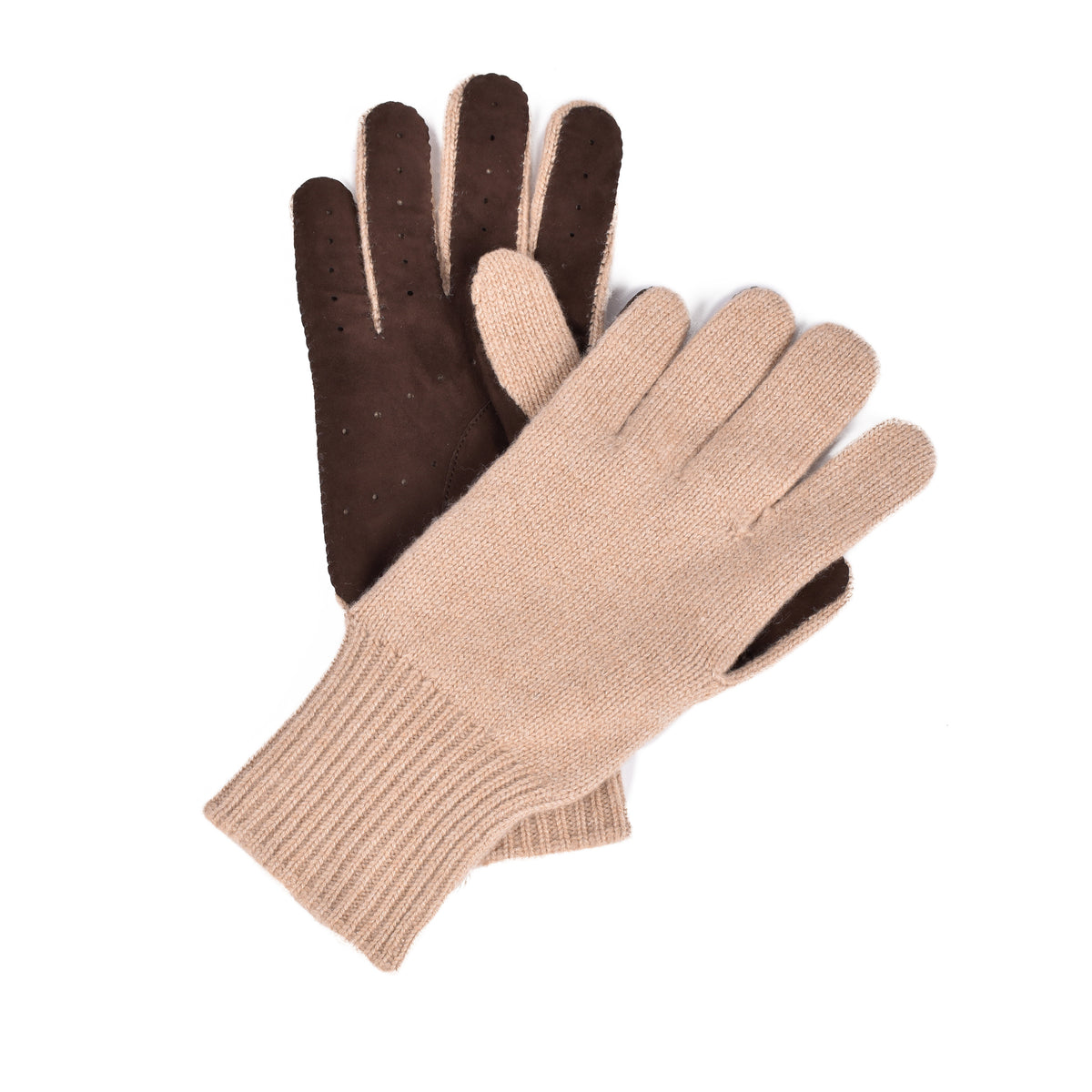 BRUNELLO CUCINELLI MEN'S BEIGE CASHMERE KNIT SUEDE LINED GLOVES