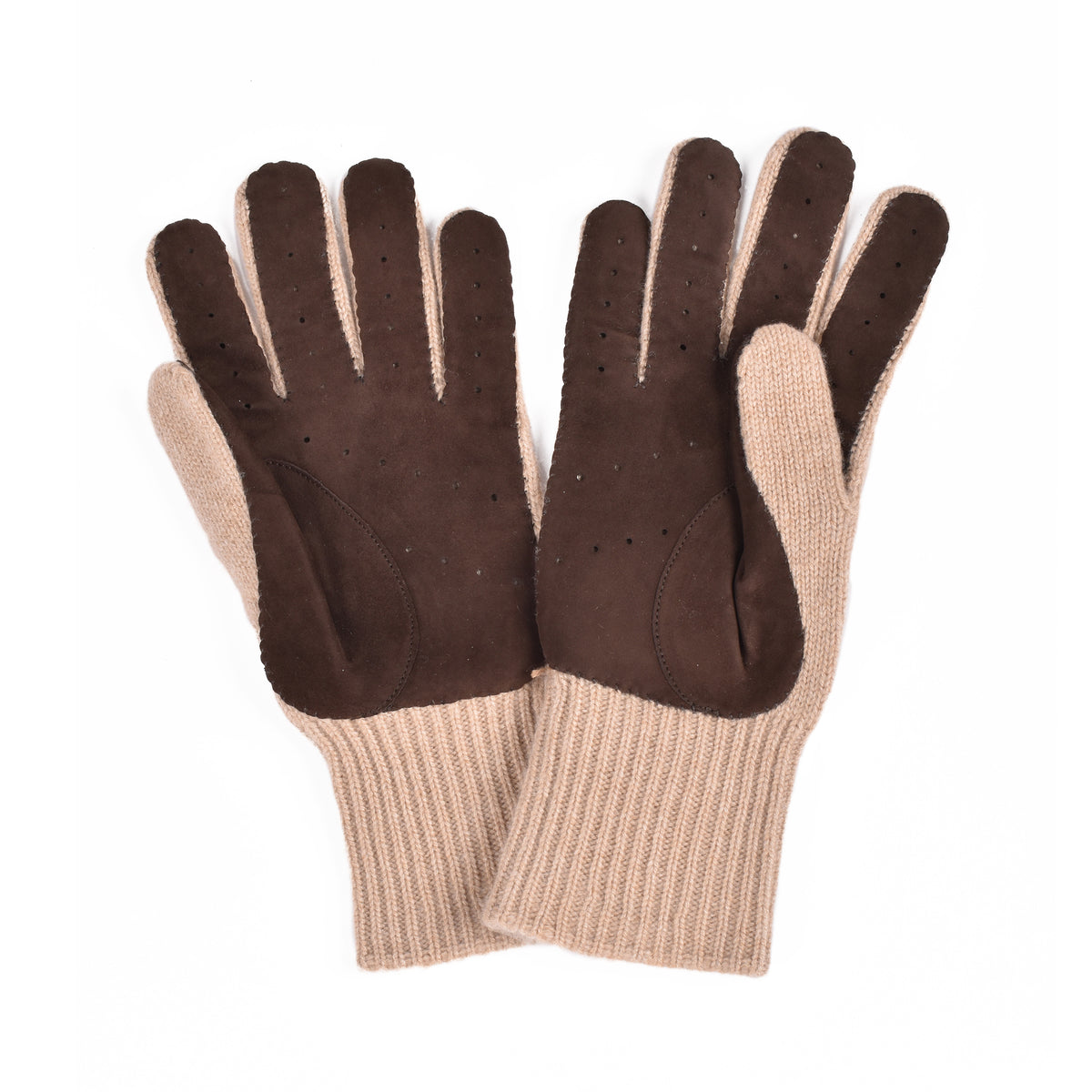 BRUNELLO CUCINELLI MEN'S BEIGE CASHMERE KNIT SUEDE LINED GLOVES