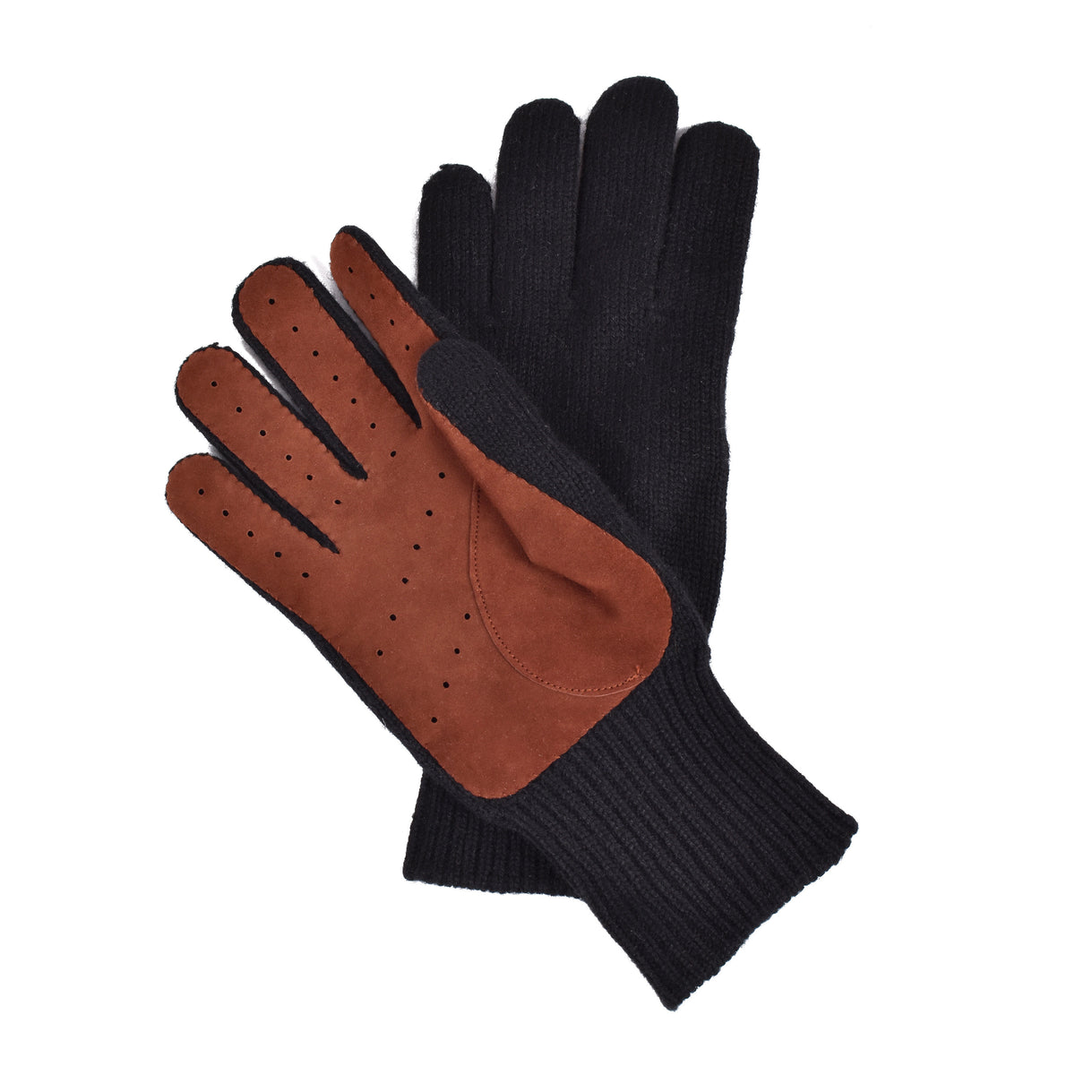 BRUNELLO CUCINELLI MEN'S BLACK CASHMERE KNIT AND SUEDE TWO TONE GLOVES