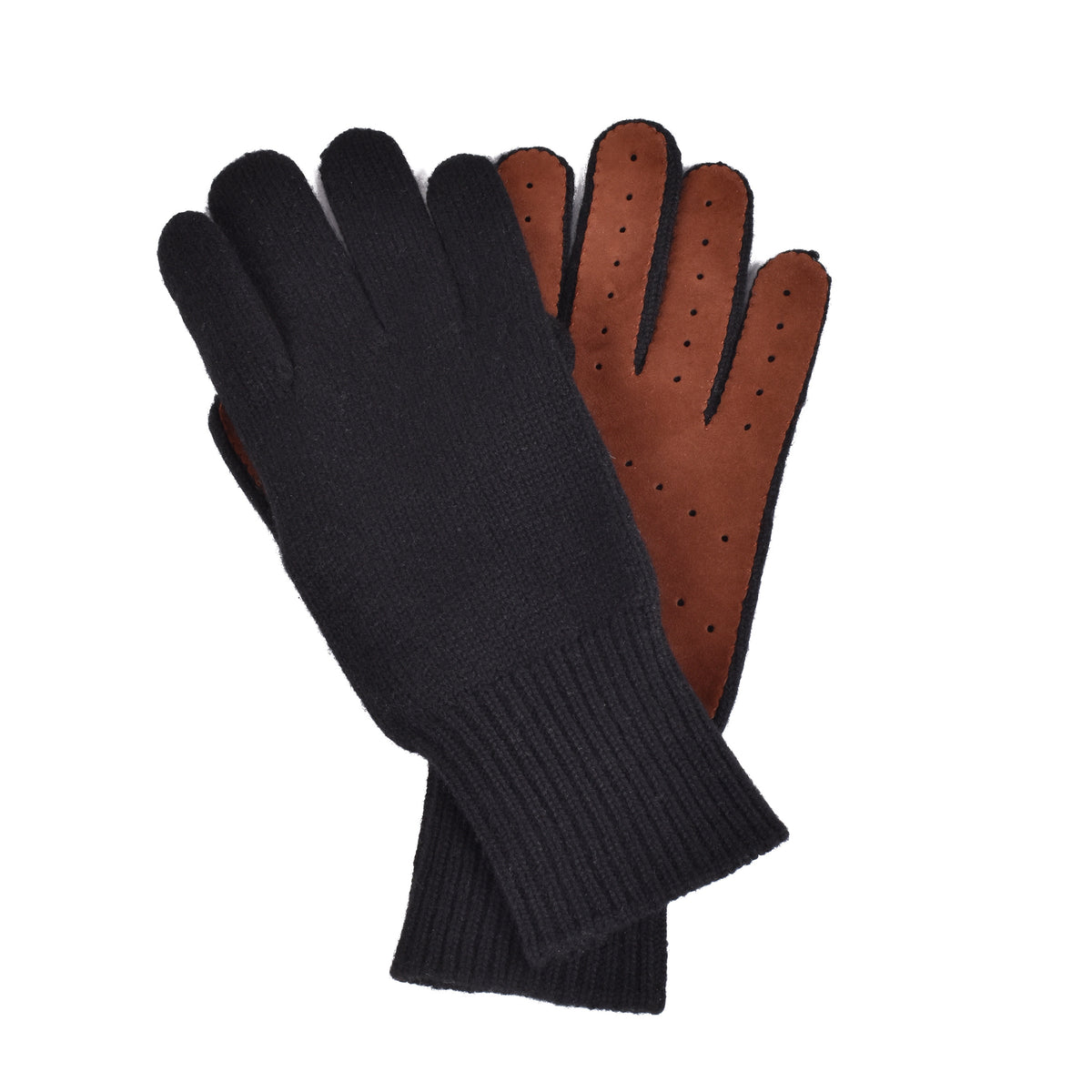 BRUNELLO CUCINELLI MEN'S BLACK CASHMERE KNIT AND SUEDE TWO TONE GLOVES