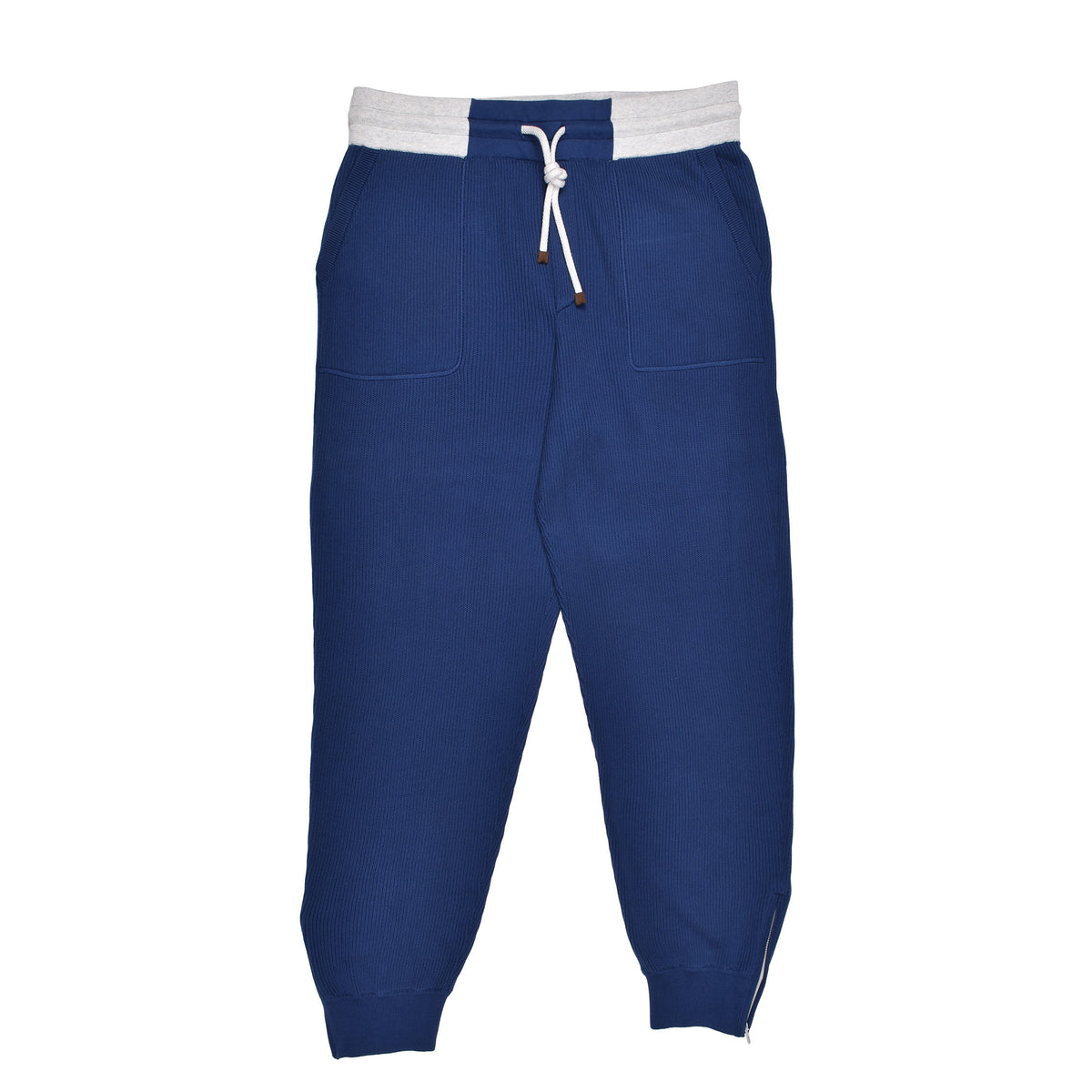 BRUNELLO CUCINELLI MEN'S BLUE KNIT COTTON TROUSERS