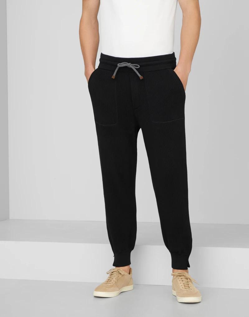 BRUNELLO CUCINELLI MEN'S BLACK COTTON KNIT JOGGER TROUSERS