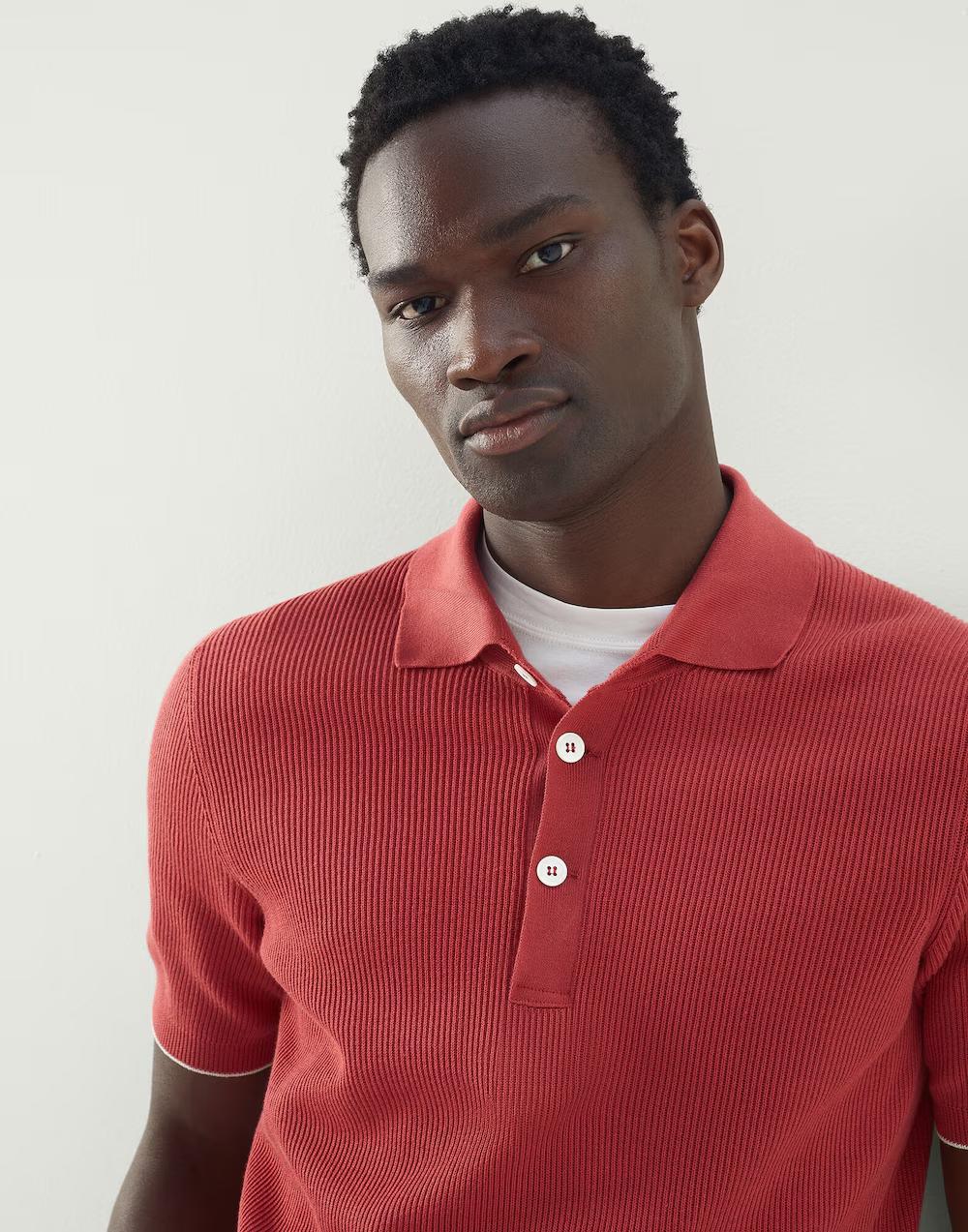 BRUNELLO CUCINELLI MEN'S RED SHORT-SLEEVE KNIT POLO SWEATER