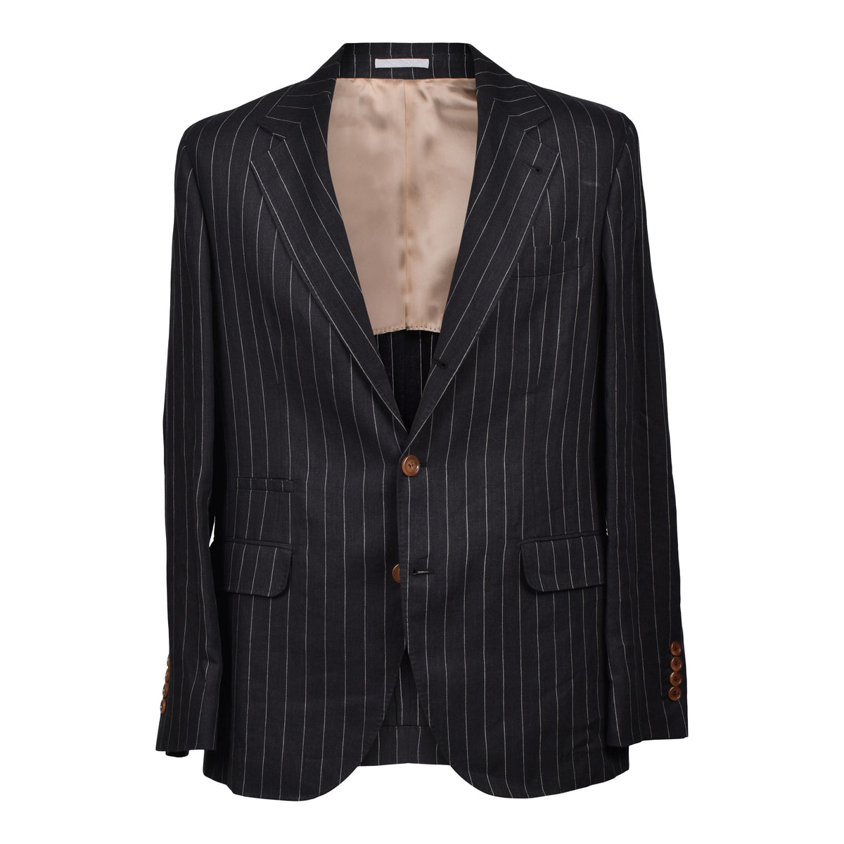 BRUNELLO CUCINELLI MEN'S BLACK LINEN STRIPED SUIT