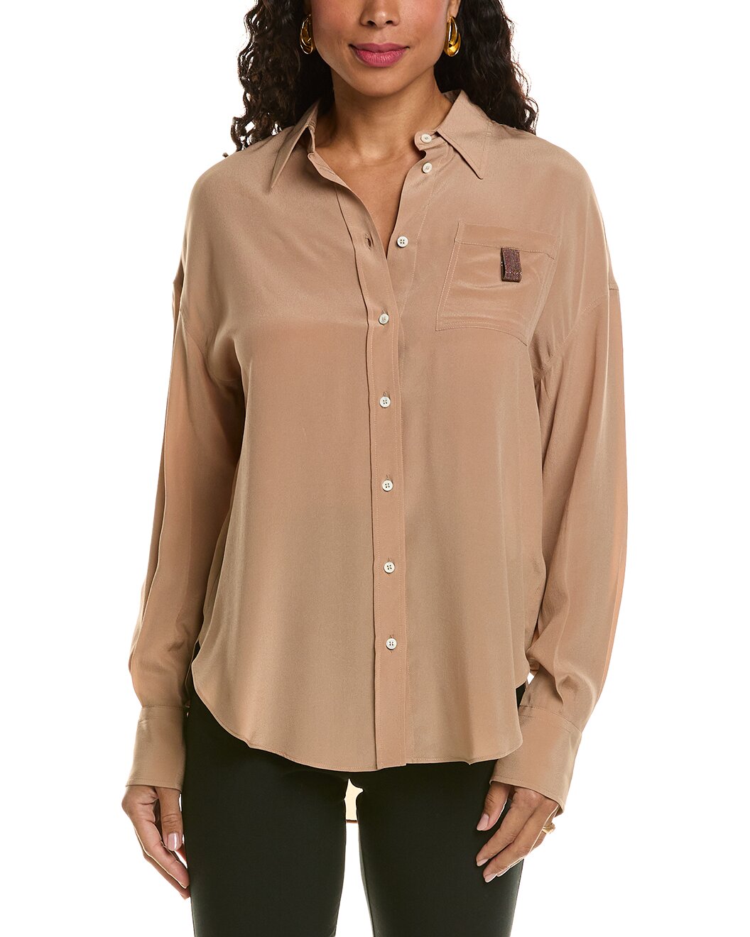 BRUNELLO CUCINELLI WOMEN'S ALMOND SILK RELAXED SHIRT