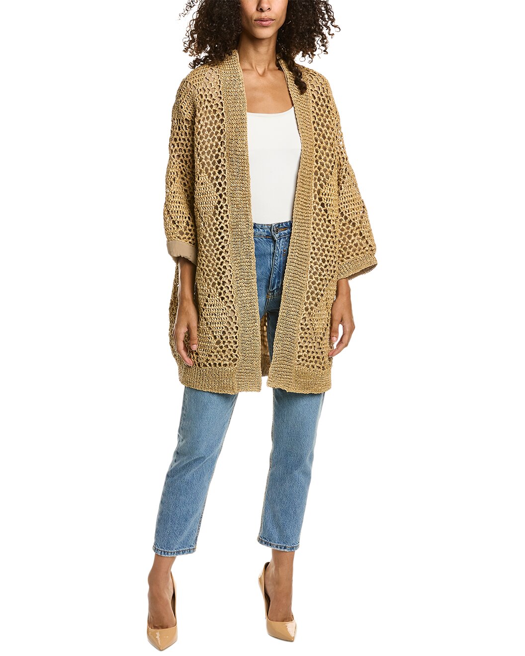 BRUNELLO CUCINELLI WOMEN'S BEIGE OPEN KNIT SWEATER