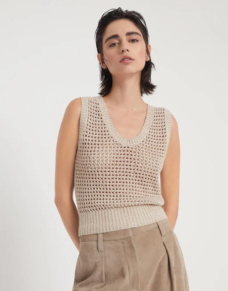 BRUNELLO CUCINELLI WOMEN'S BEIGE OPENWORK KNIT SWEATER