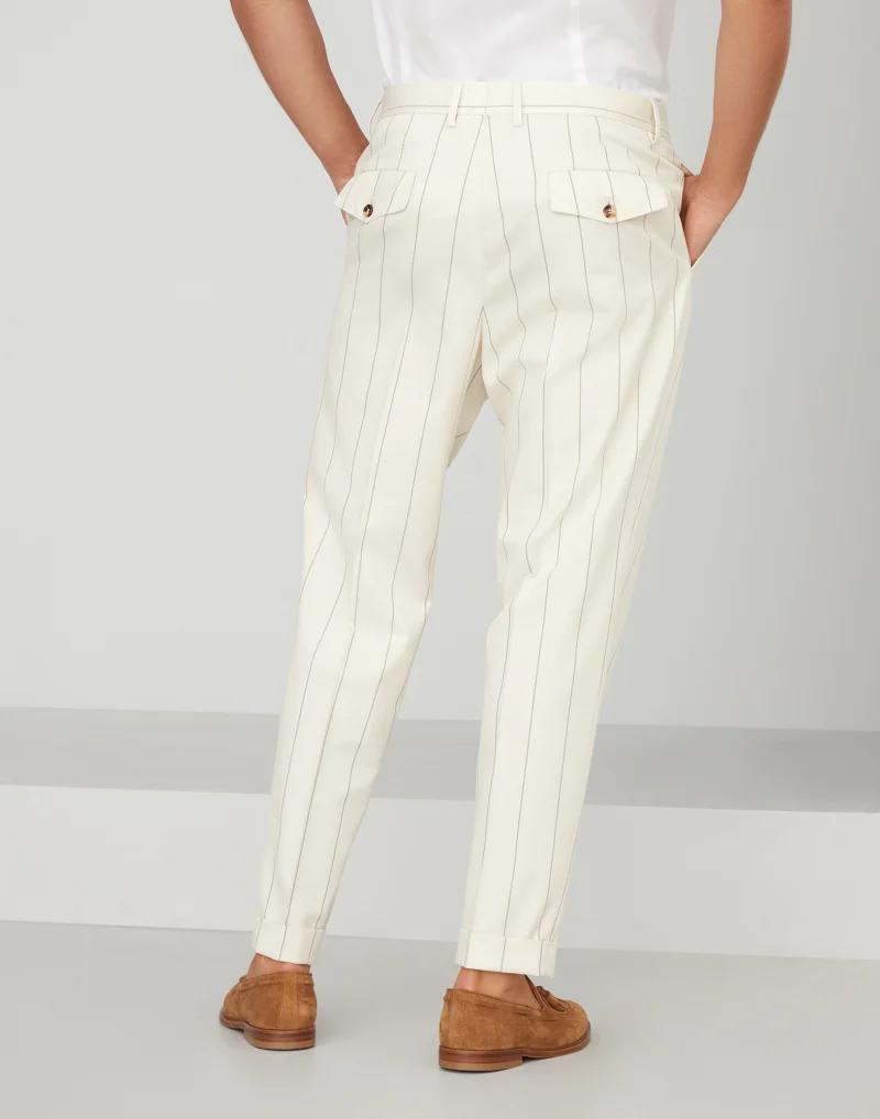 BRUNELLO CUCINELLI MEN'S CREAM PINSTRIPE PLEATED TROUSERS