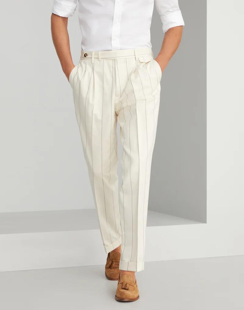 BRUNELLO CUCINELLI MEN'S CREAM PINSTRIPE PLEATED TROUSERS