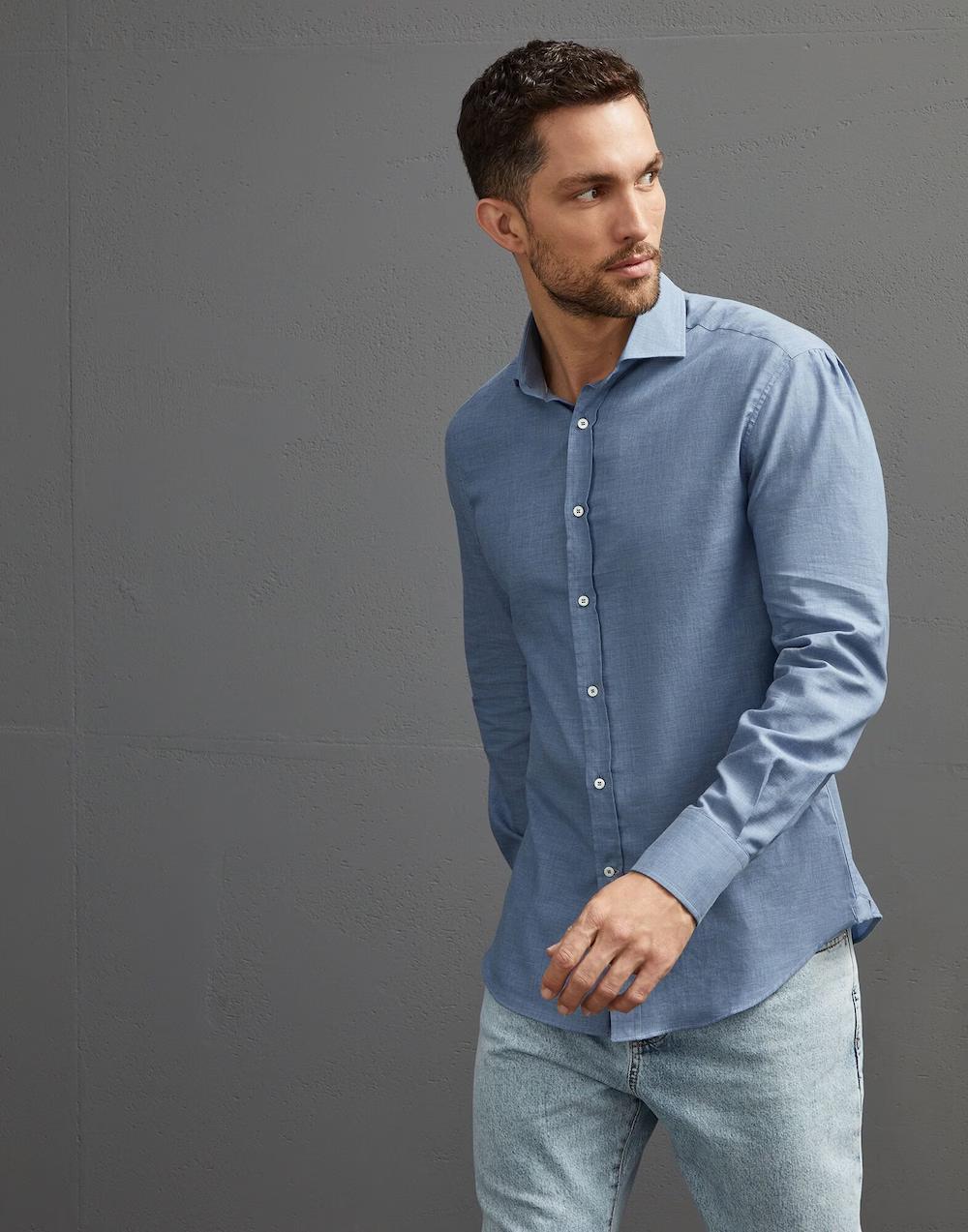 BRUNELLO CUCINELLI MEN'S LIGHT BLUE COTTON SHIRT
