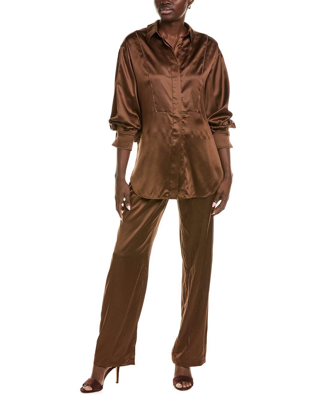 BRUNELLO CUCINELLI WOMEN'S CHOCOLATE SATIN WIDE-LEG TROUSERS