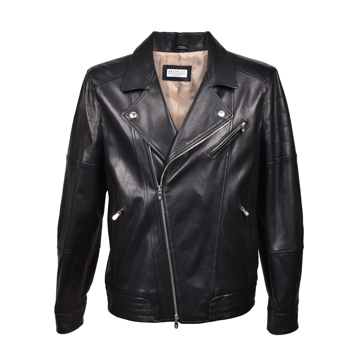 BRUNELLO CUCINELLI MEN'S BLACK LEATHER BIKER JACKET