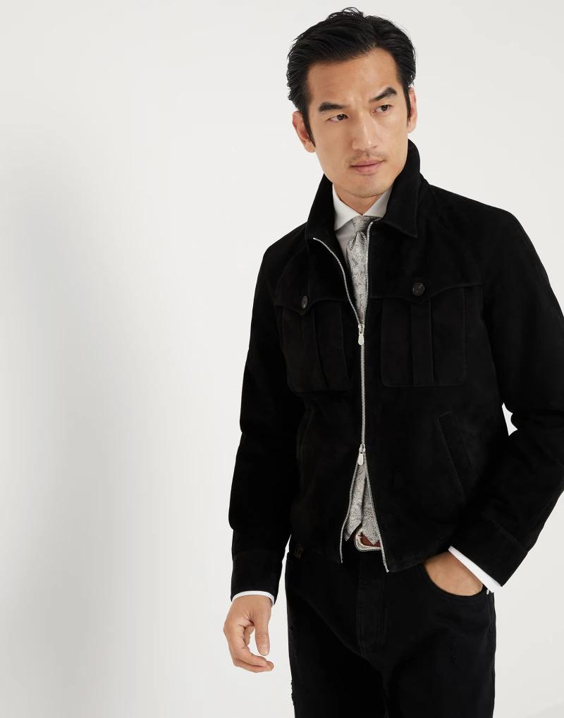 BRUNELLO CUCINELLI MEN'S BLACK LEATHER ZIP JACKET