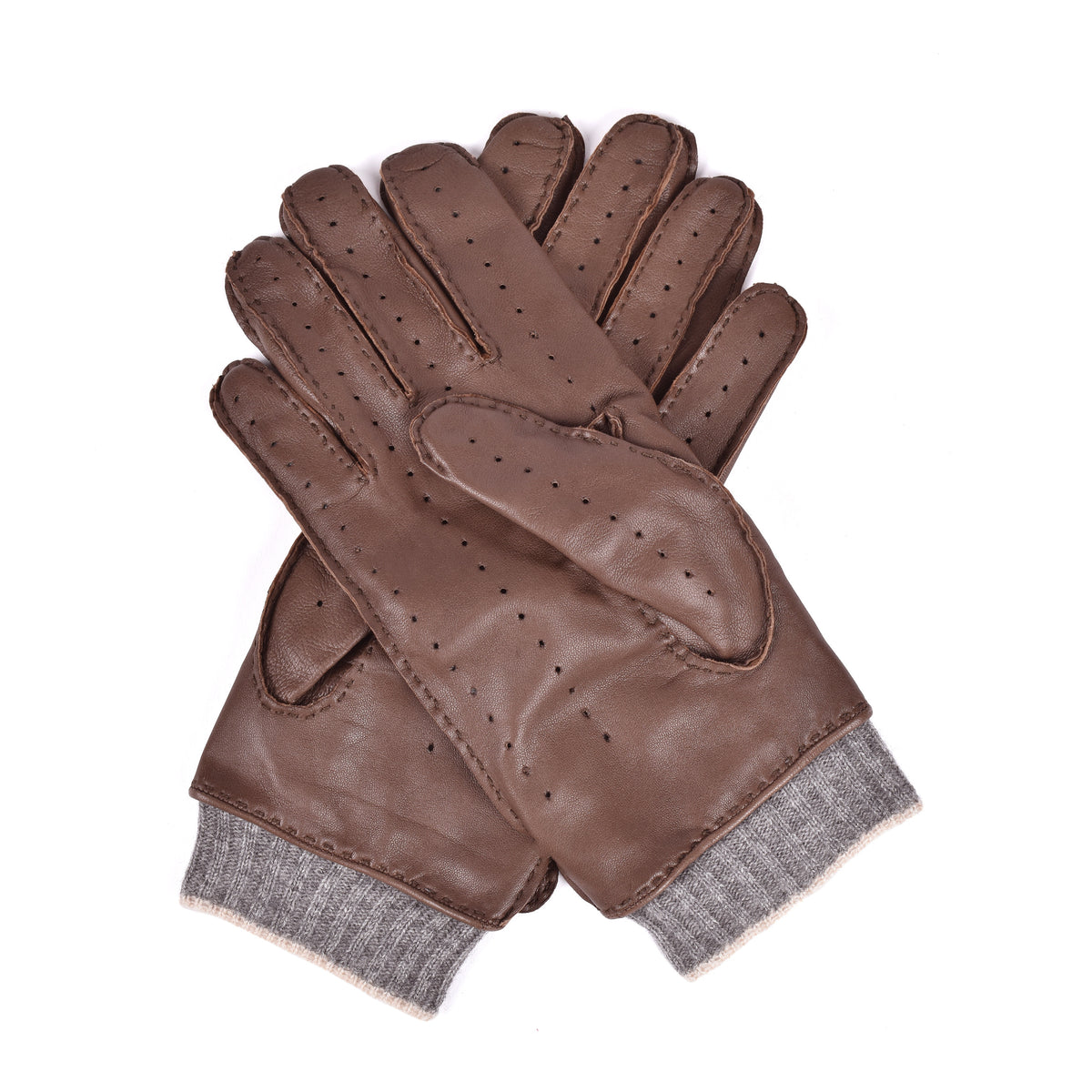 BRUNELLO CUCINELLI MEN'S BROWN LEATHER KNIT CUFF DRIVING GLOVES