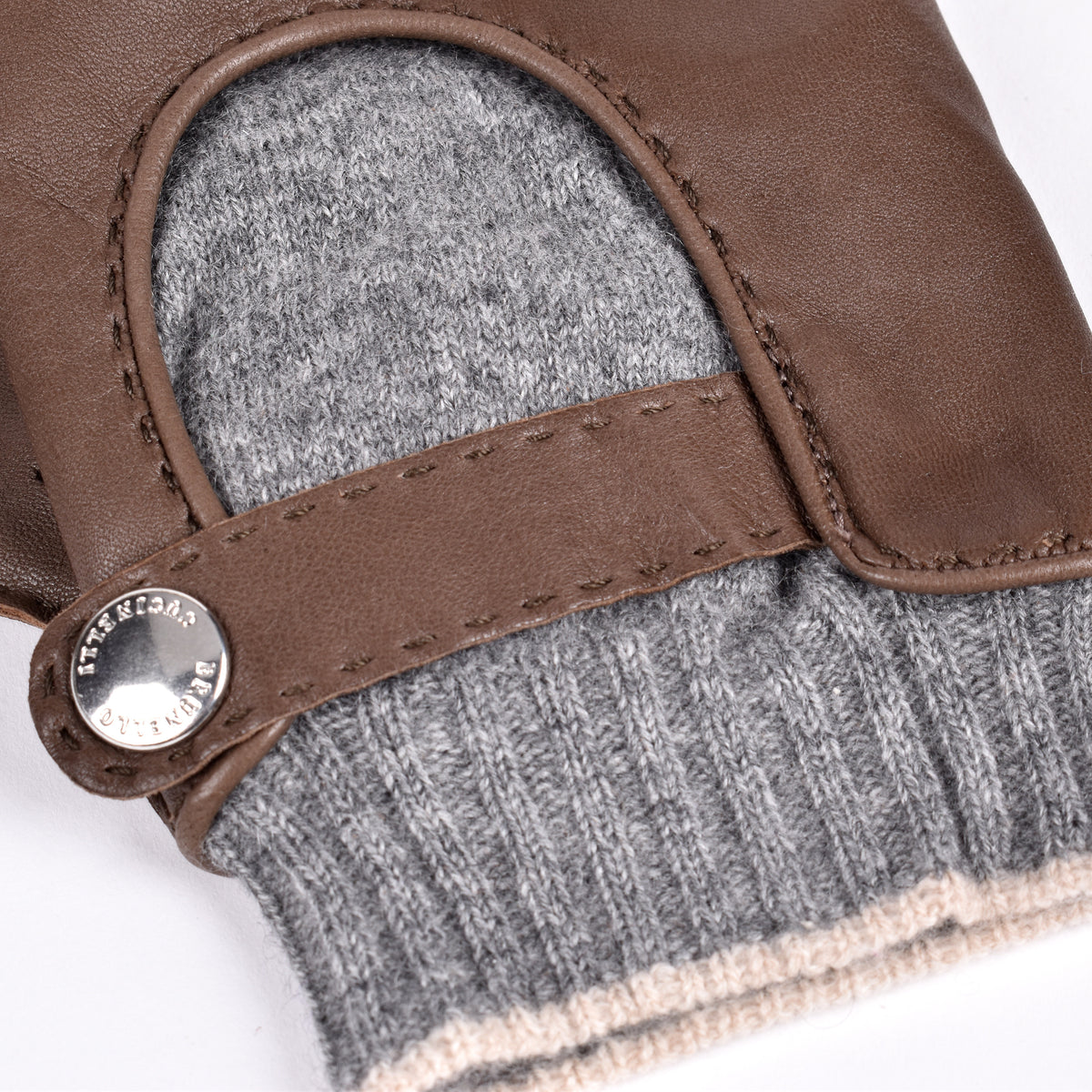 BRUNELLO CUCINELLI MEN'S BROWN LEATHER KNIT CUFF DRIVING GLOVES