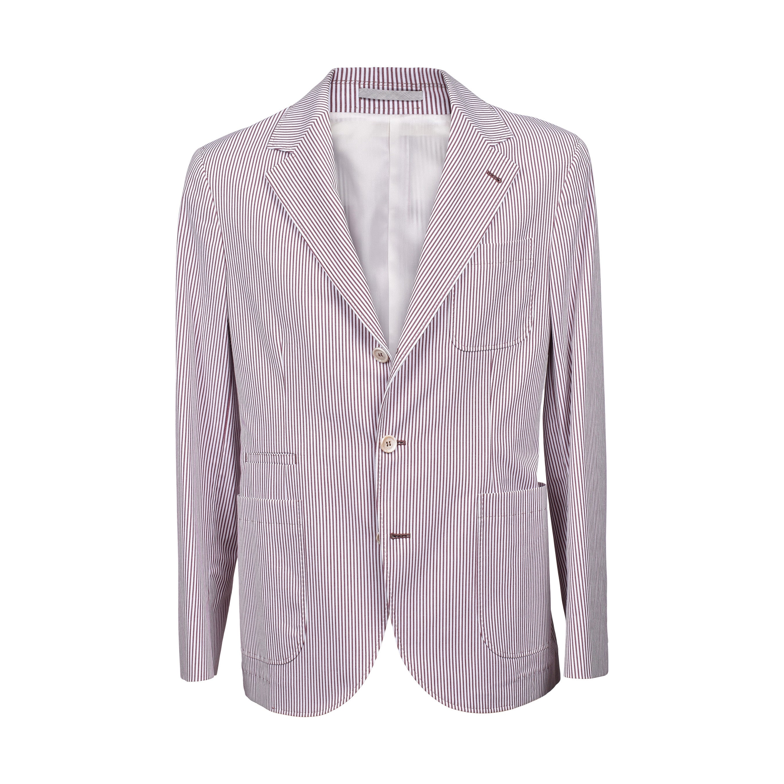 BRUNELLO CUCINELLI MEN'S BURGUNDY STRIPED DECONSTRUCTED BLAZER