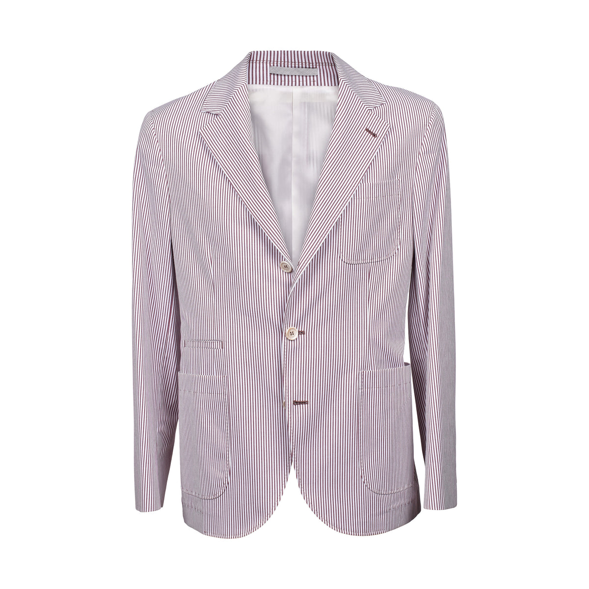 BRUNELLO CUCINELLI MEN'S BURGUNDY STRIPED DECONSTRUCTED BLAZER