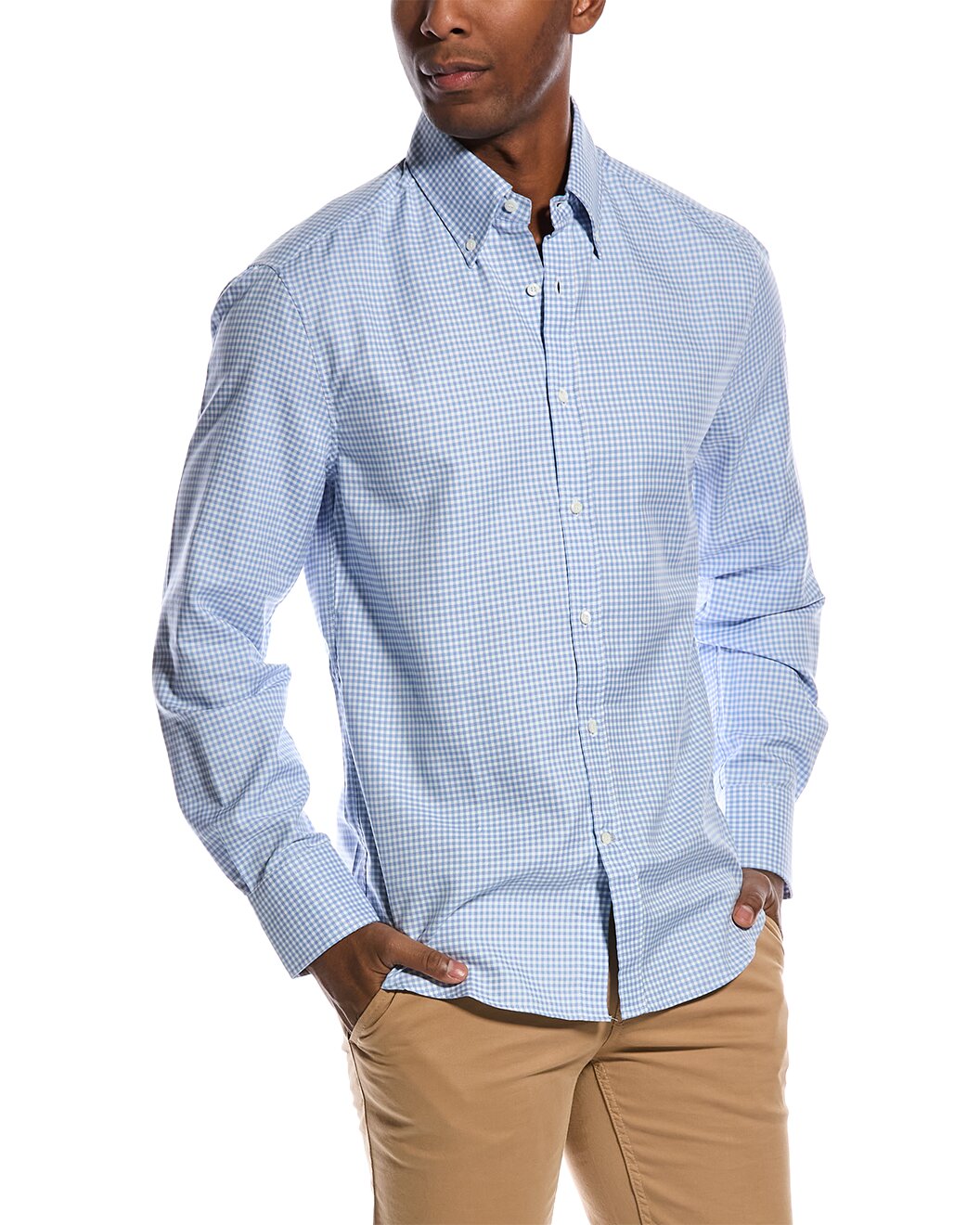 BRUNELLO CUCINELLI MEN'S WHITE BLUE CHECKED COTTON LYOCELL SHIRT