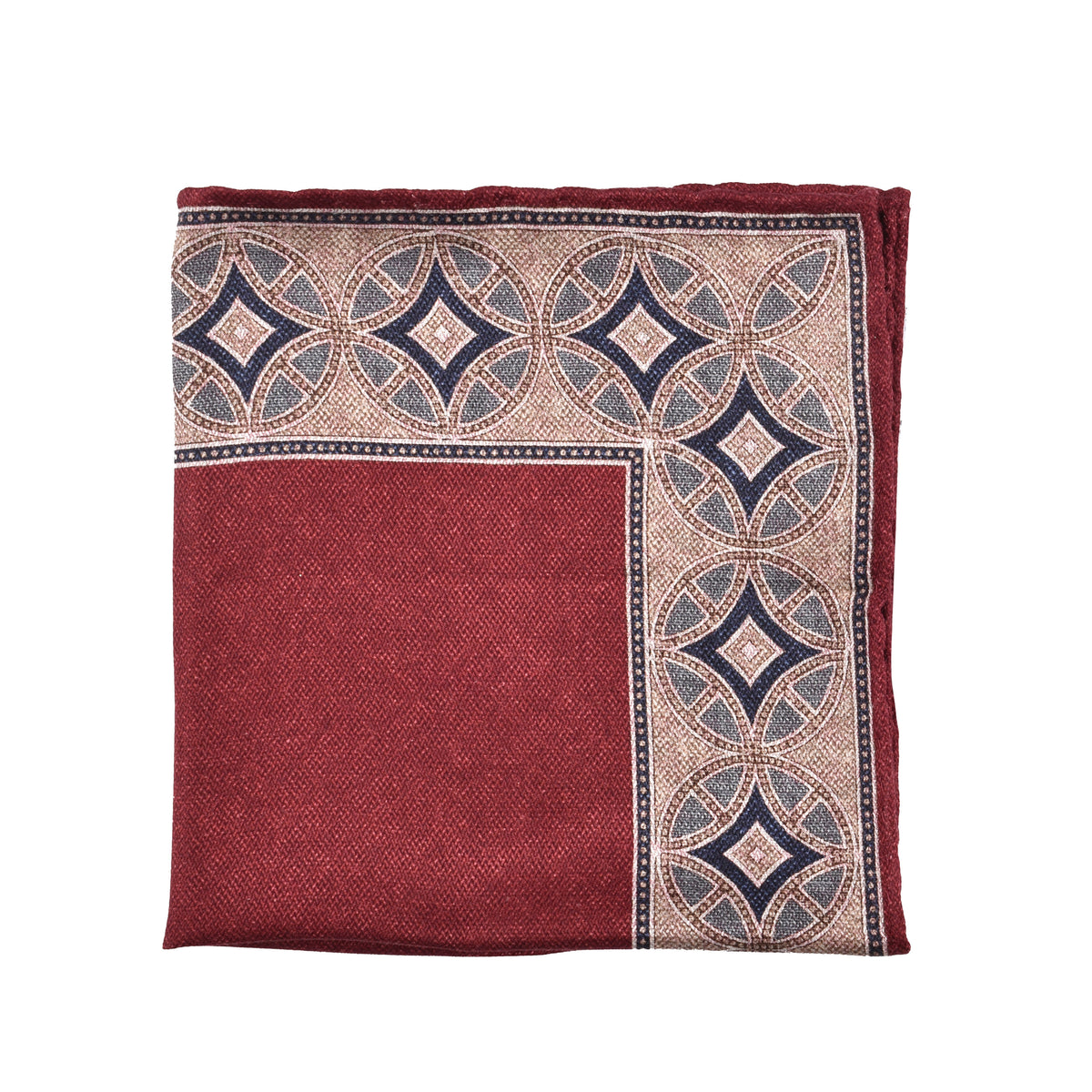 BRUNELLO CUCINELLI MEN'S BURGUNDY GEOMETRIC SILK POCKET SQUARE