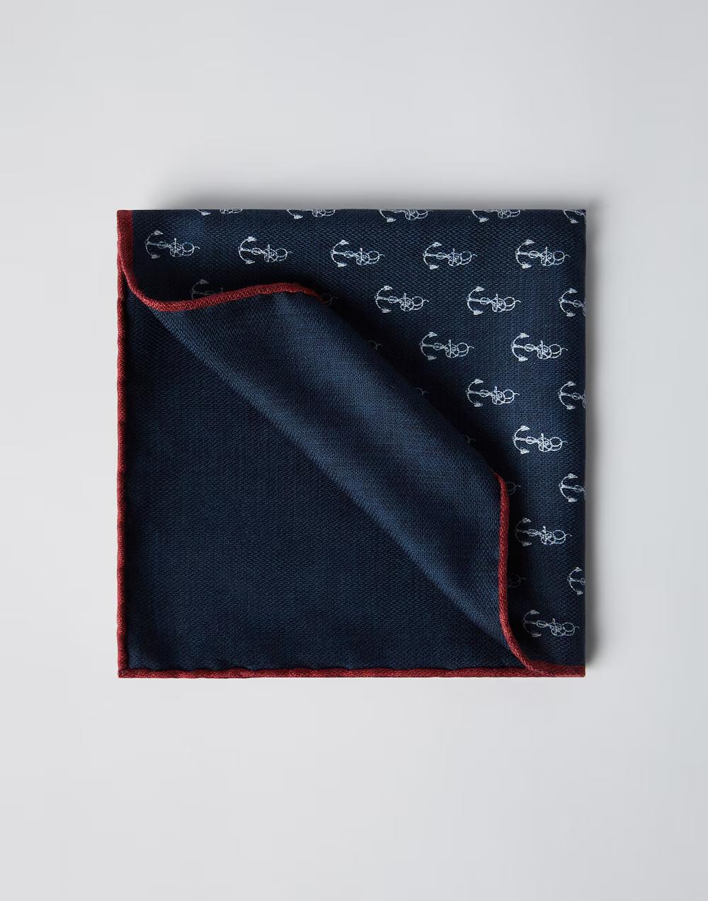 BRUNELLO CUCINELLI MEN'S NAVY AND RED ANCHOR POCKET SQUARE