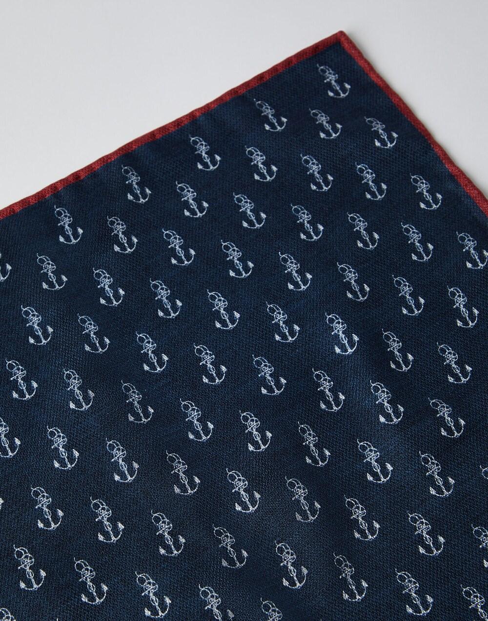 BRUNELLO CUCINELLI MEN'S NAVY AND RED ANCHOR POCKET SQUARE