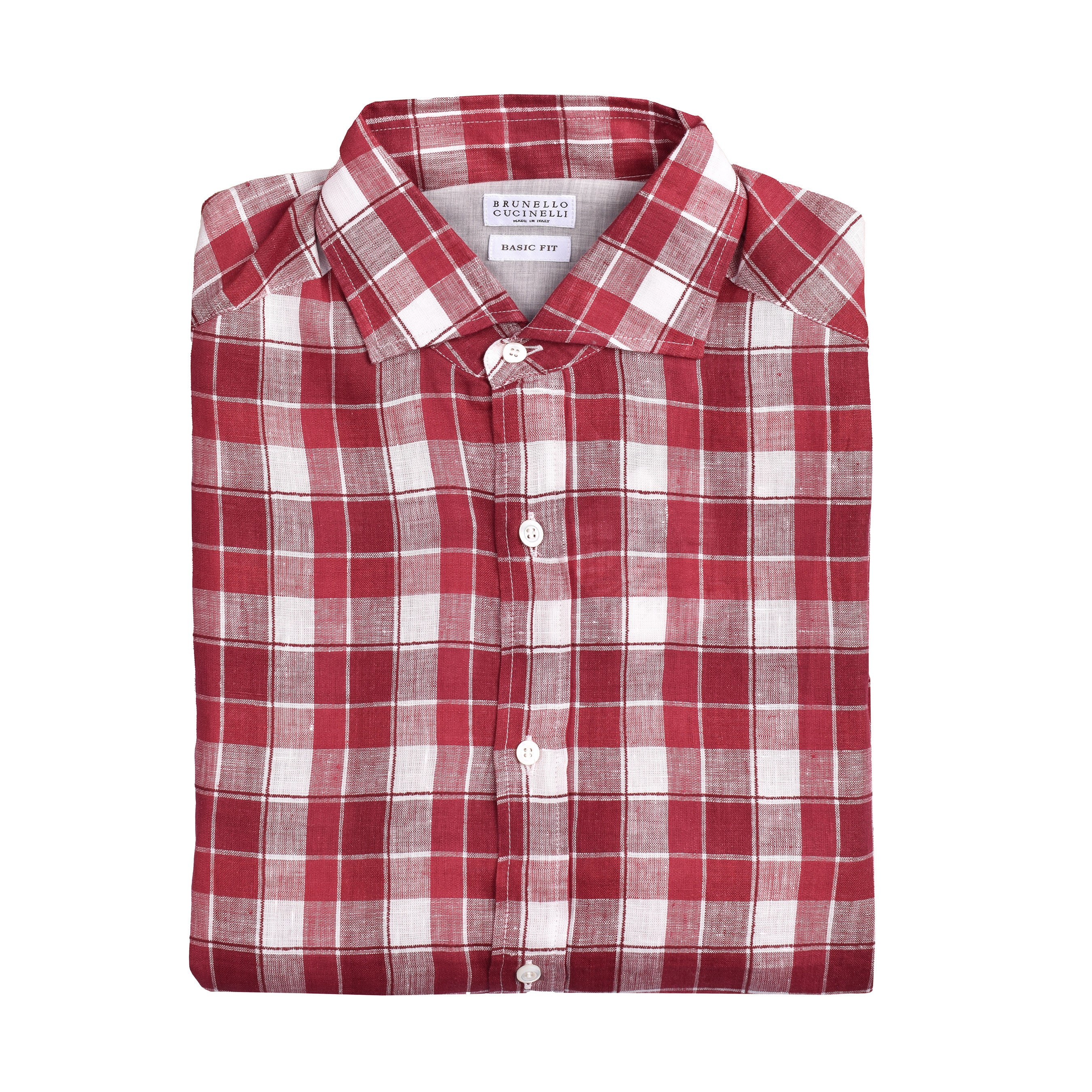 BRUNELLO CUCINELLI MEN'S RED LINEN BLEND PLAID BUTTON-DOWN SHIRT
