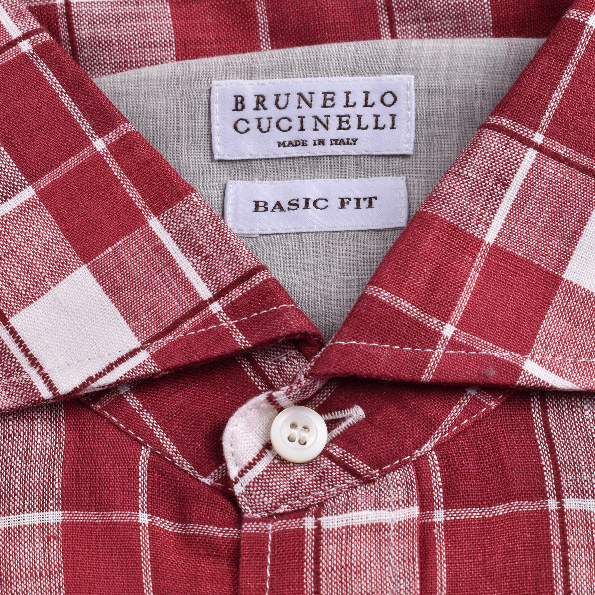 BRUNELLO CUCINELLI MEN'S RED LINEN PLAID SHIRT