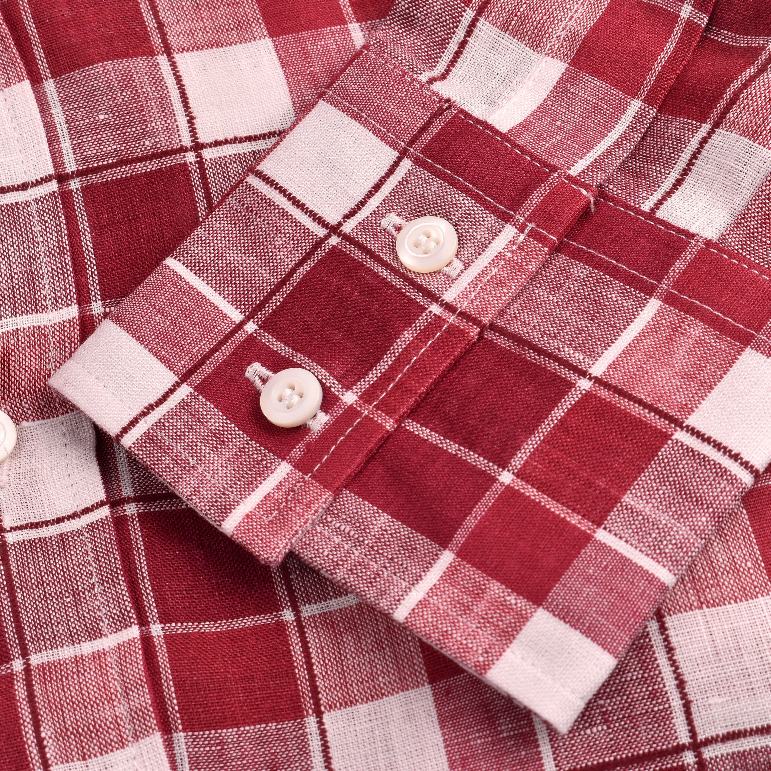 BRUNELLO CUCINELLI MEN'S RED LINEN BLEND PLAID BUTTON-DOWN SHIRT