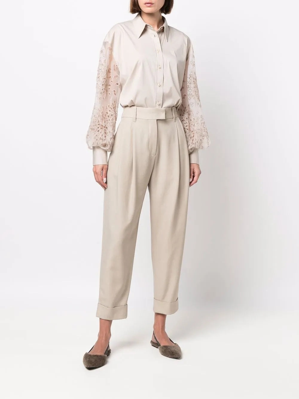BRUNELLO CUCINELLI WOMEN'S BEIGE SHIRT WITH LACE SLEEVES