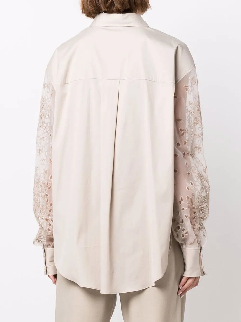 BRUNELLO CUCINELLI WOMEN'S BEIGE SHIRT WITH LACE SLEEVES
