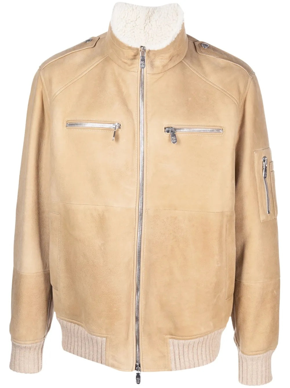 BRUNELLO CUCINELLI MEN'S BEIGE SHEARLING COLLAR ZIP FRONT JACKET