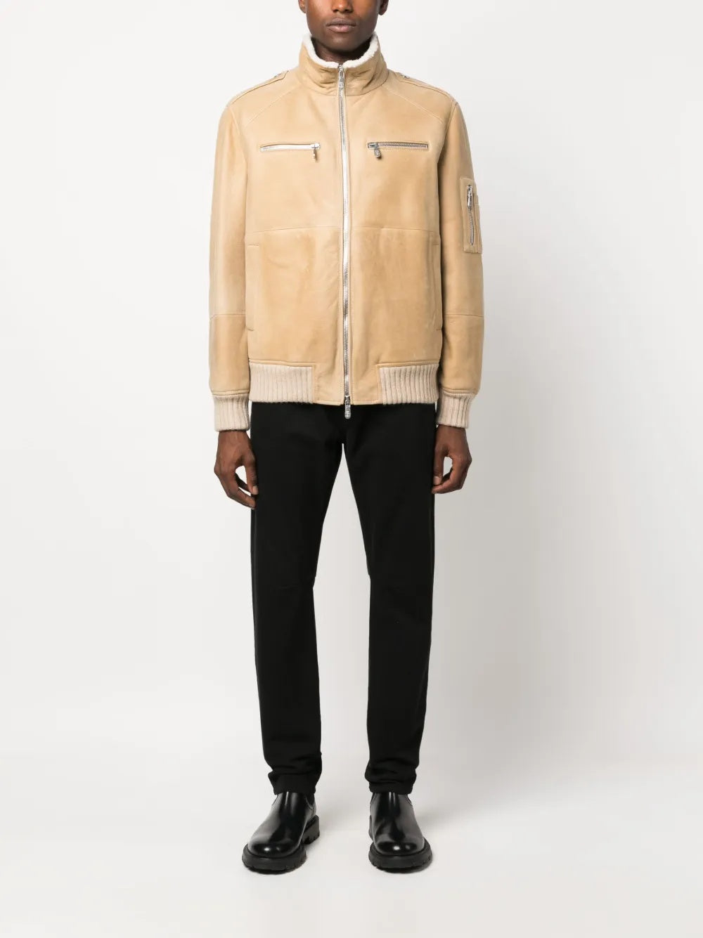 BRUNELLO CUCINELLI MEN'S BEIGE SHEARLING COLLAR ZIP FRONT JACKET