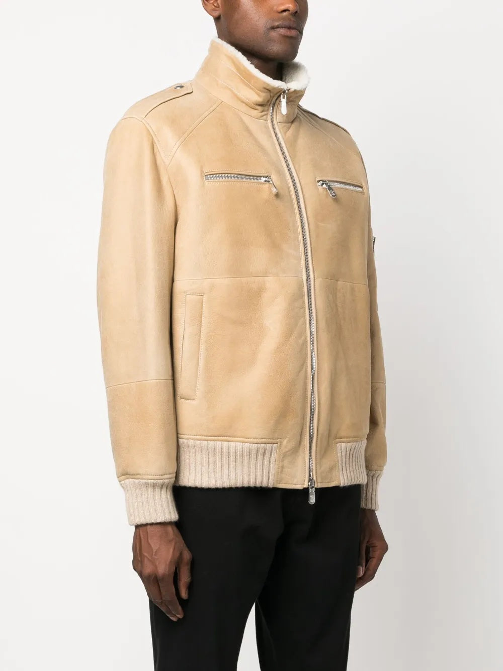 BRUNELLO CUCINELLI MEN'S BEIGE SHEARLING COLLAR ZIP FRONT JACKET