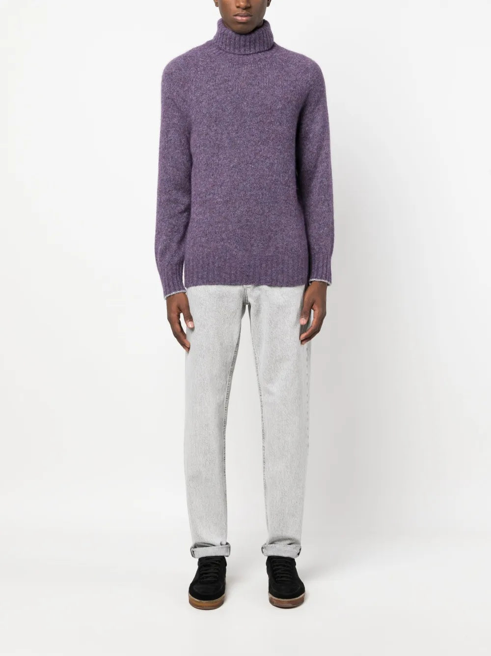 BRUNELLO CUCINELLI MEN'S HEATHERED PURPLE TURTLENECK SWEATER