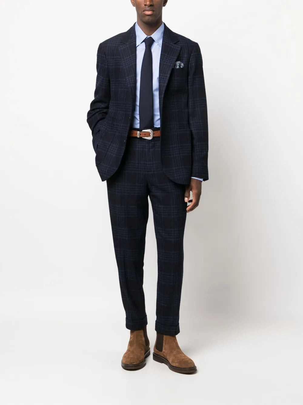 BRUNELLO CUCINELLI MEN'S NAVY PLAID TAILORED TROUSERS