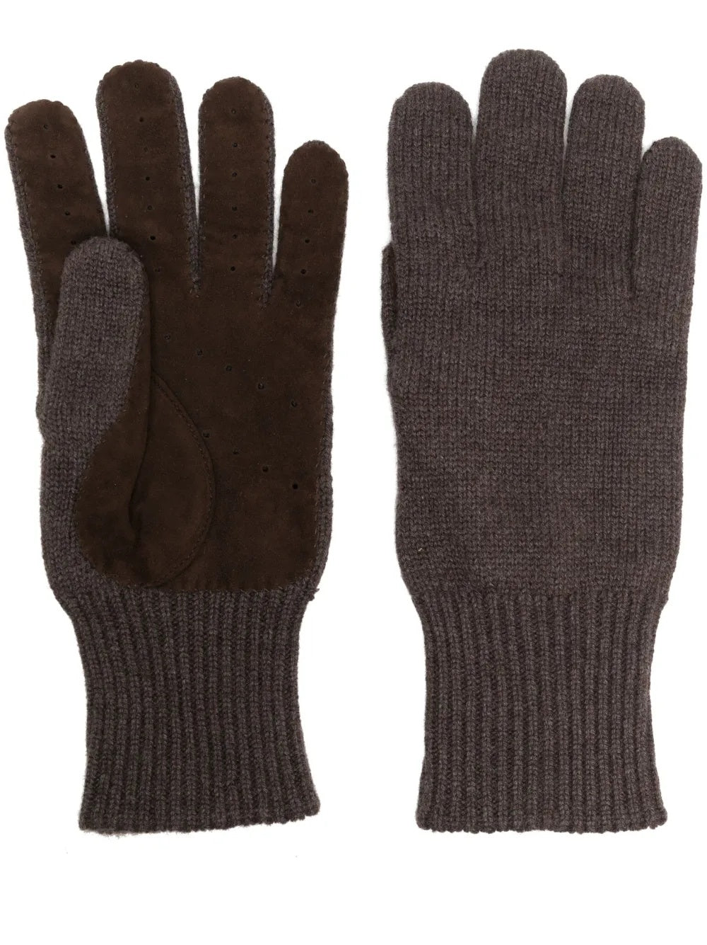BRUNELLO CUCINELLI MEN'S BROWN KNIT GLOVES WITH SUEDE PALMS