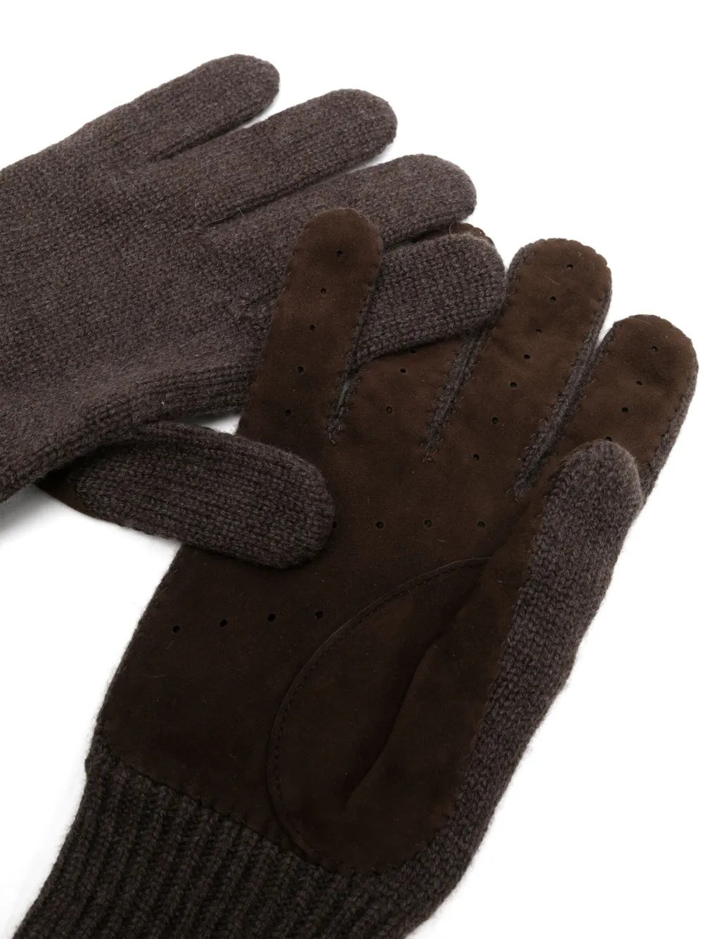 BRUNELLO CUCINELLI MEN'S BROWN KNIT GLOVES WITH SUEDE PALMS