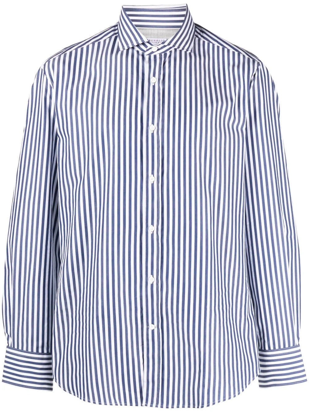 BRUNELLO CUCINELLI MEN'S BLUE WHITE STRIPED COTTON SHIRT