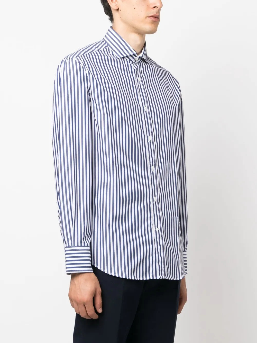 BRUNELLO CUCINELLI MEN'S BLUE WHITE STRIPED COTTON SHIRT