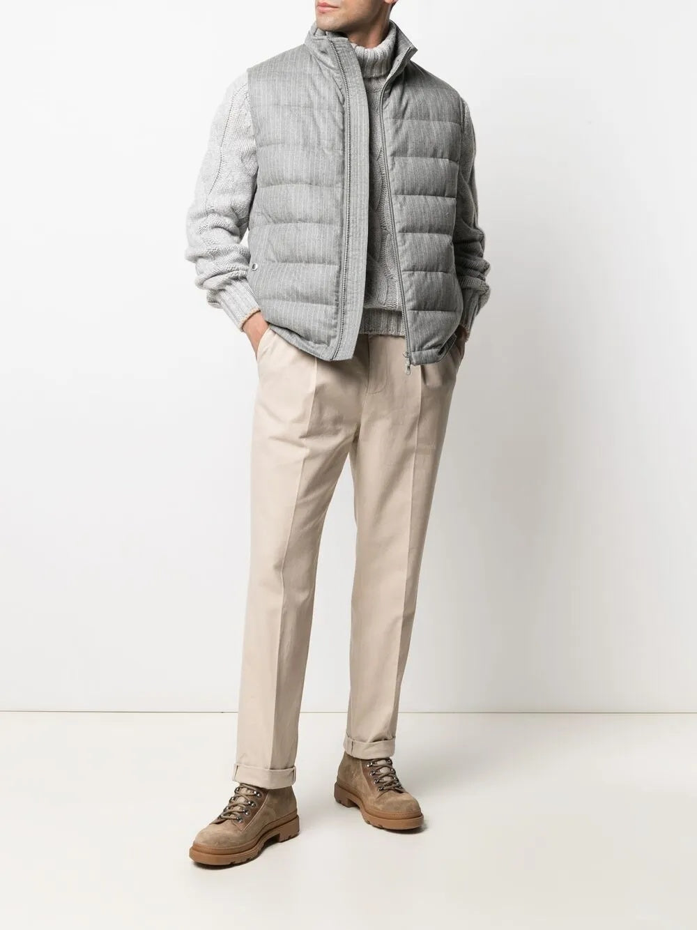 BRUNELLO CUCINELLI MEN'S BEIGE TAILORED CUFFED TROUSERS