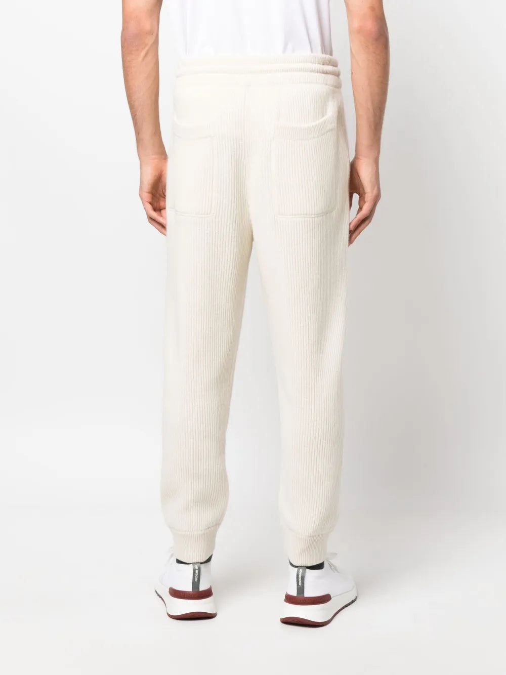 BRUNELLO CUCINELLI MEN'S CREAM RIBBED KNIT DRAWSTRING TROUSERS