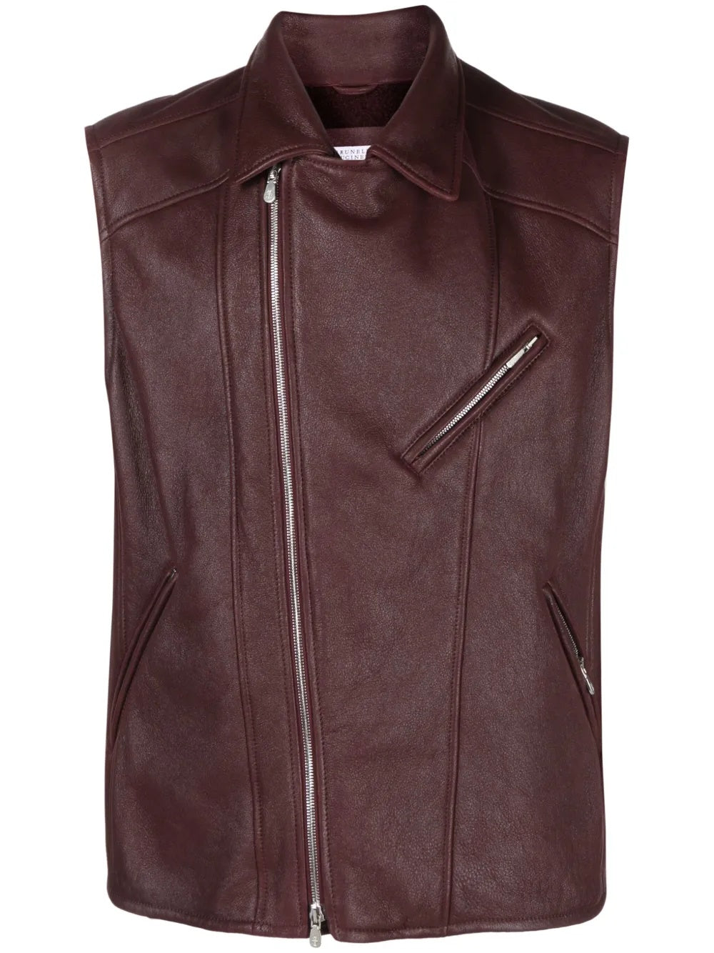 BRUNELLO CUCINELLI MEN'S BURGUNDY LEATHER BIKER JACKET