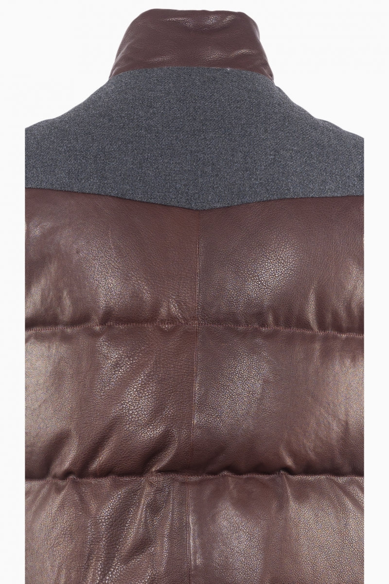 BRUNELLO CUCINELLI MEN'S BROWN LEATHER PUFFER VEST