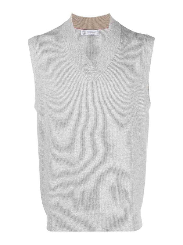 BRUNELLO CUCINELLI MEN'S LIGHT GREY CASHMERE SWEATER