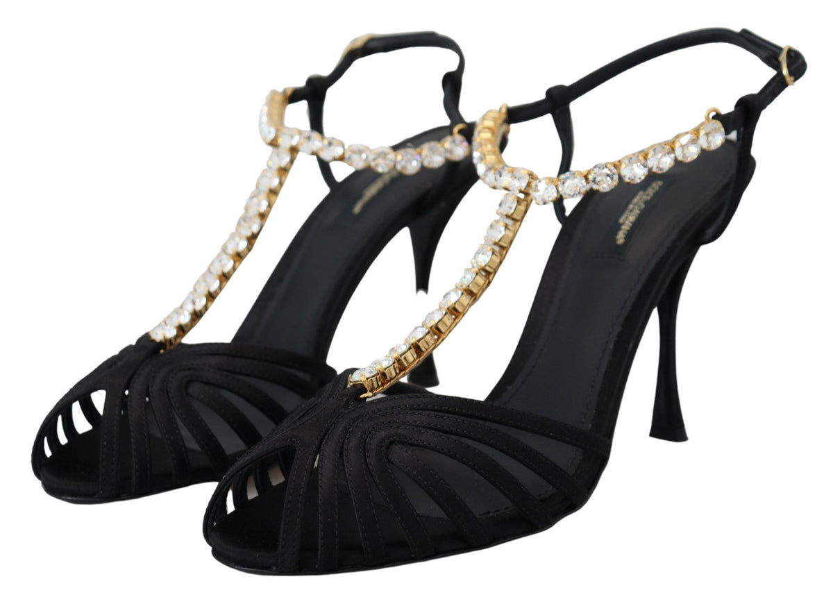 Dolce & Gabbana Black Satin Clear Crystal T-strap Sandal Shoes