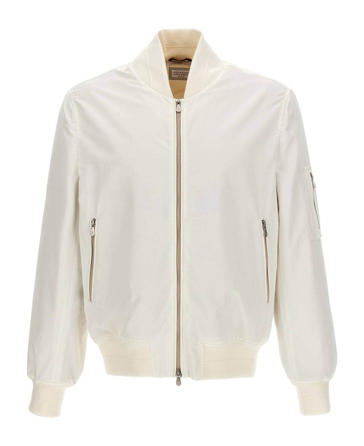 BRUNELLO CUCINELLI MEN'S IVORY BOMBER JACKET WITH ZIPPER