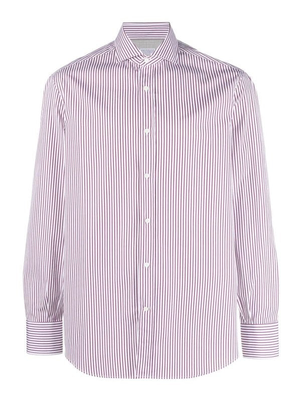 BRUNELLO CUCINELLI MEN'S WHITE AND BORDEAUX STRIPED SHIRT